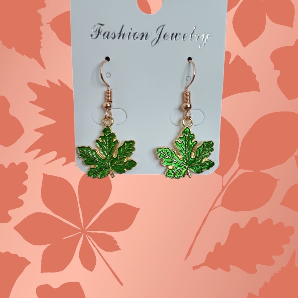 Green Maple Leaf Earrings - Picture 2 of 6